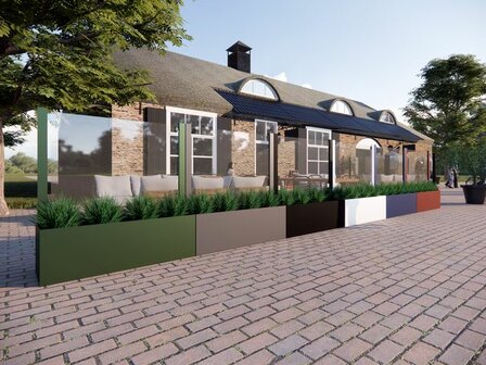 Stalen terrasscherm met plantenbak