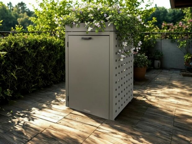 Metalen containerombouw met plantenbak