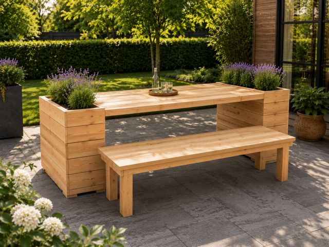 Houten tuintafel met bloembakken