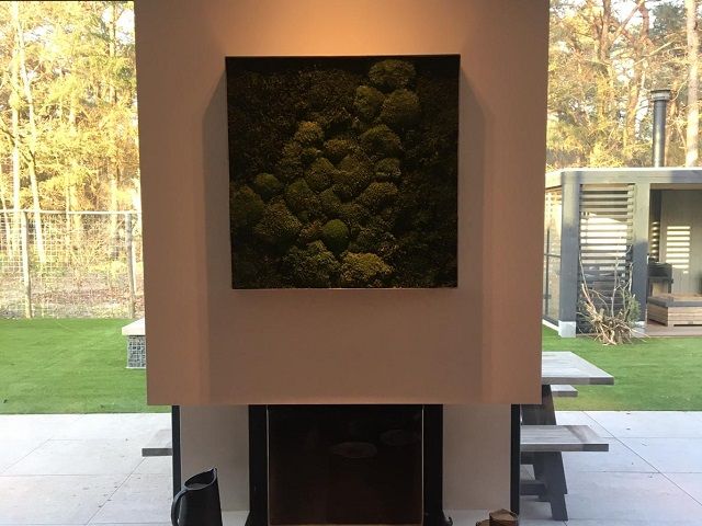 Vierkant mos schilderij met groen bolmos als natuurlijke wanddecoratie in een modern interieur