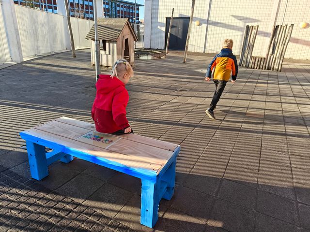 Houten buddy bench op maat gemaakt voor kinderen op een schoolplein